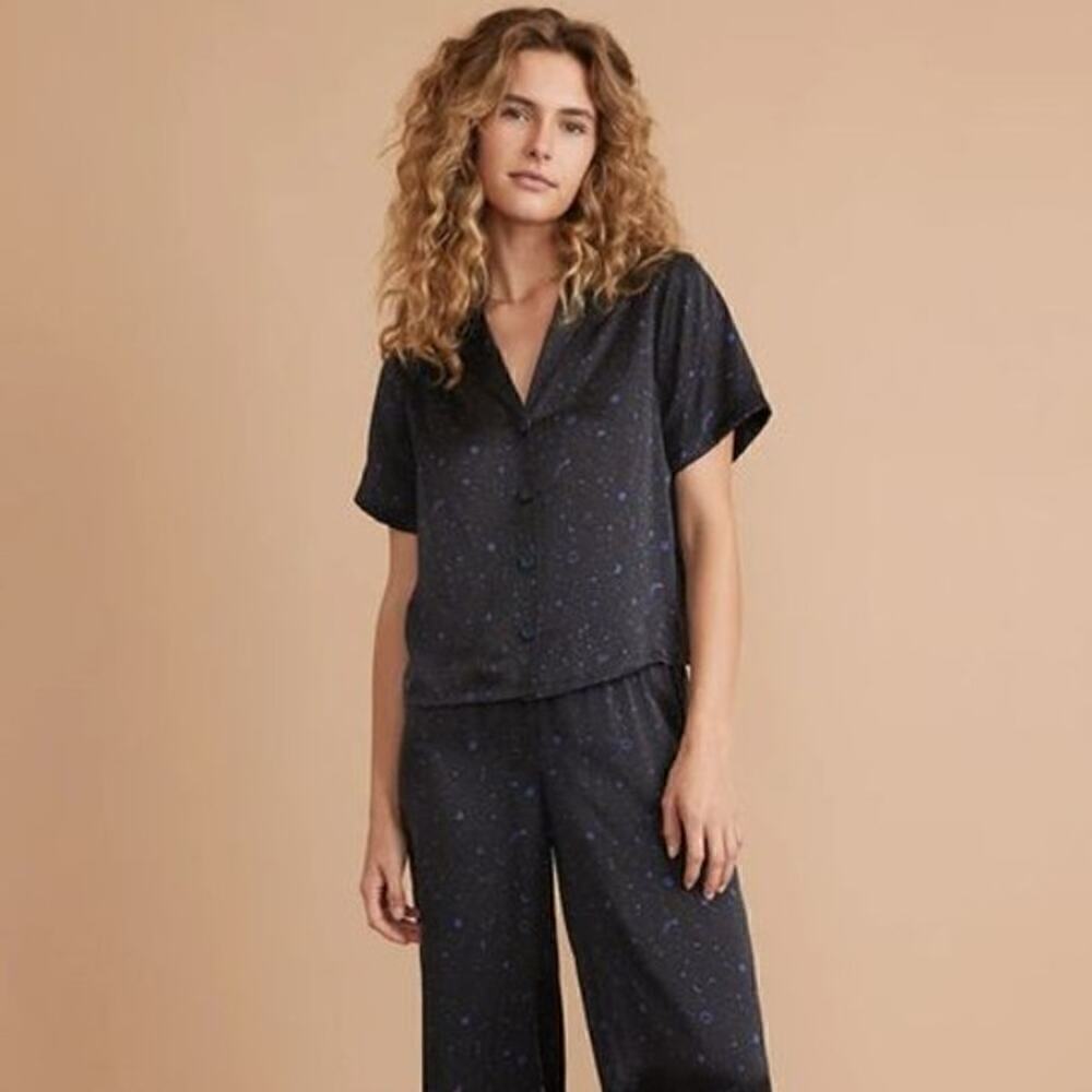 Marine Layer Washable Silk Top Short Sleeve in Anthracite Mystic Print NWT Small